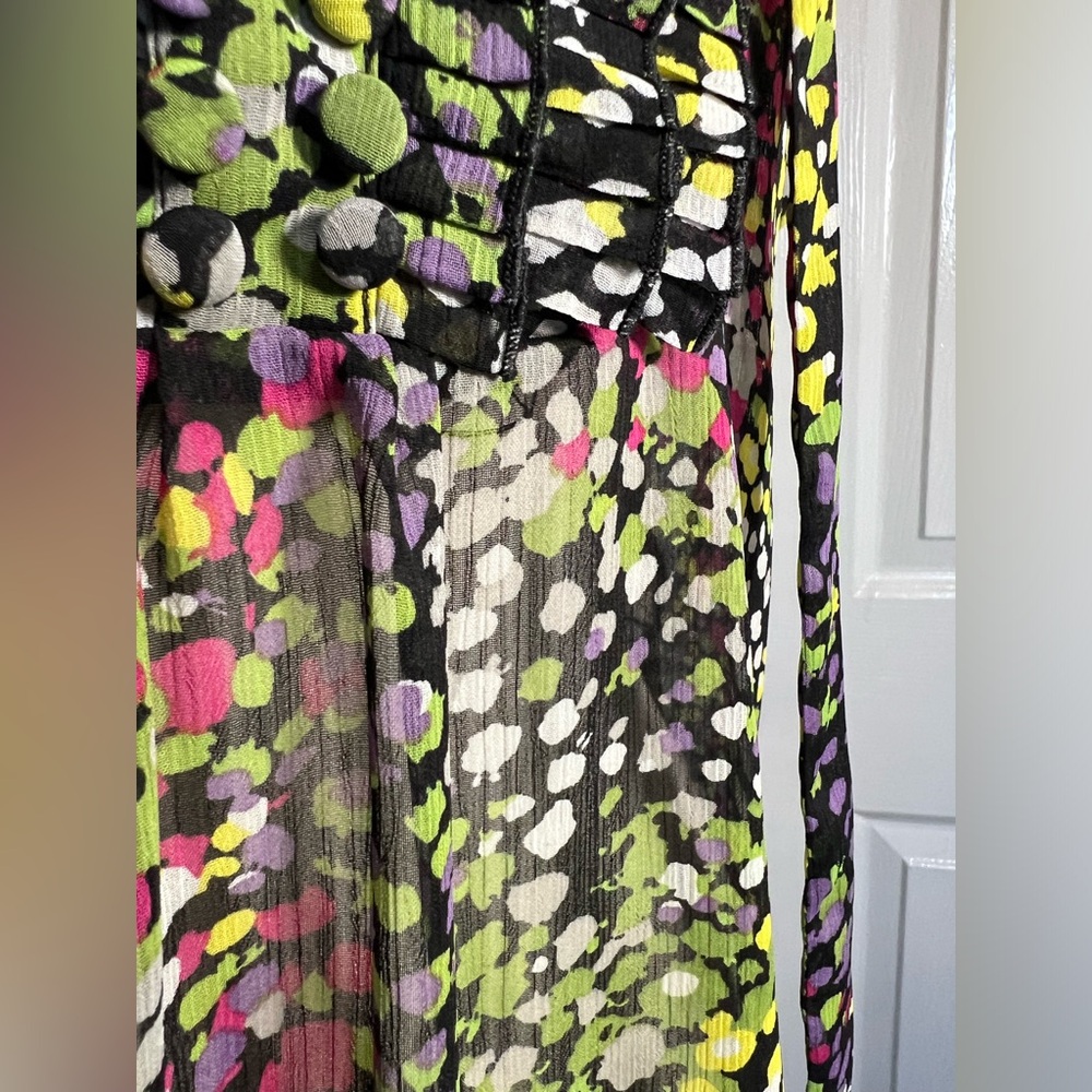 💫 Apostrophe short sleeve modest sheer ruffle front multicolor blouse - Picture 13 of 16